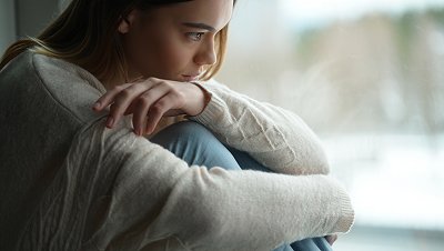 Девушка обнимает колени